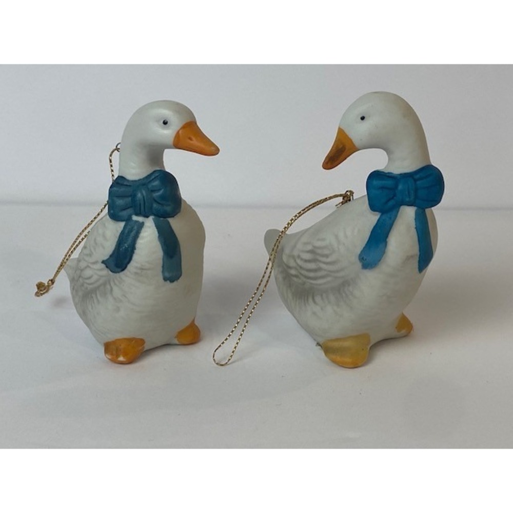 Vintage Ceramic Goose Ornaments with Blue Bows Country Farmhouse Decor Set of 2